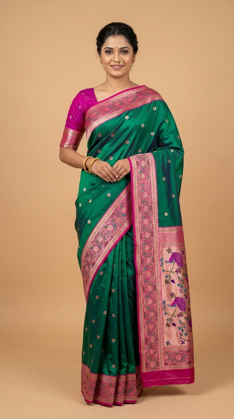 Premium Soft Paithani Silk Saree for Women with Meenakari Zari Weaving, Rich Peacock Pallu, Floral Border & Silk Brocade Blouse