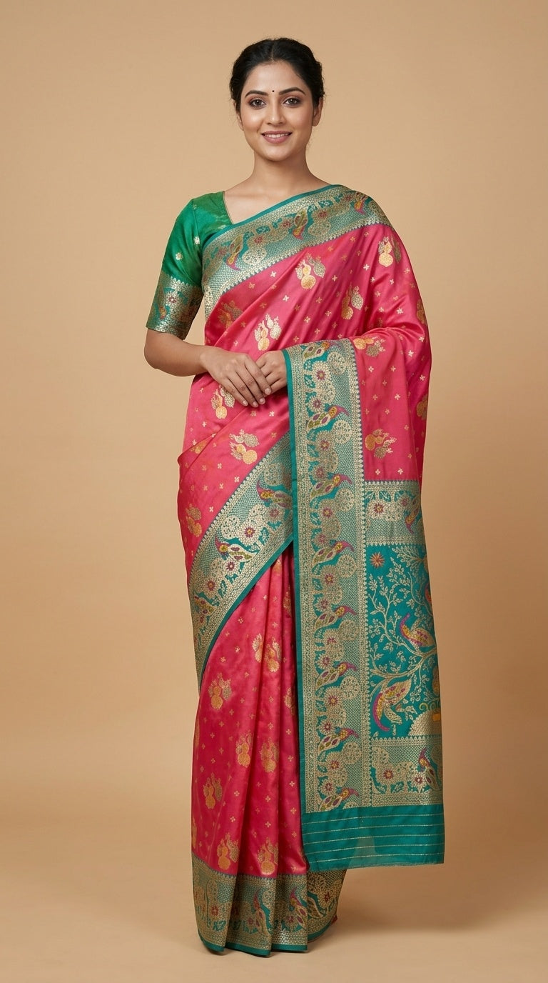 Premium Soft Paithani Silk Saree for Women with Meenakari Zari Weaving, Peacock Pallu, Rich Floral Border & Brocade Blouse