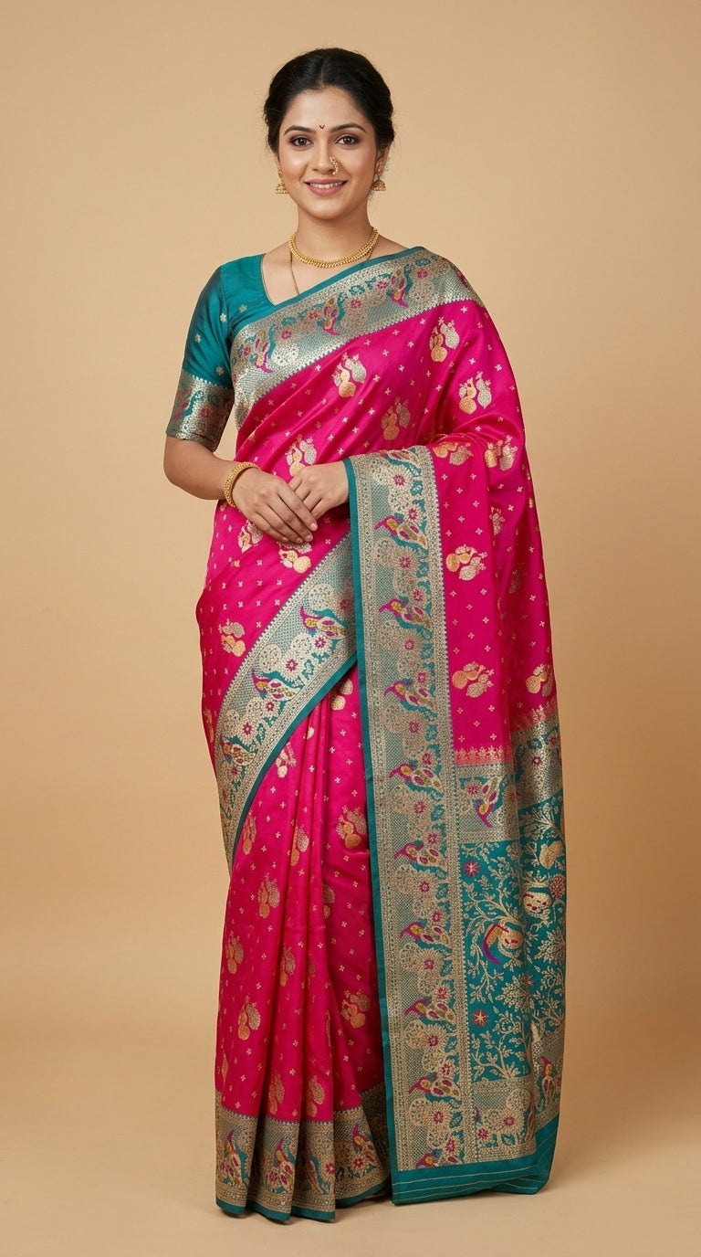 Premium Soft Paithani Silk Saree for Women with Meenakari Zari Weaving, Peacock Pallu, Rich Floral Border & Brocade Blouse