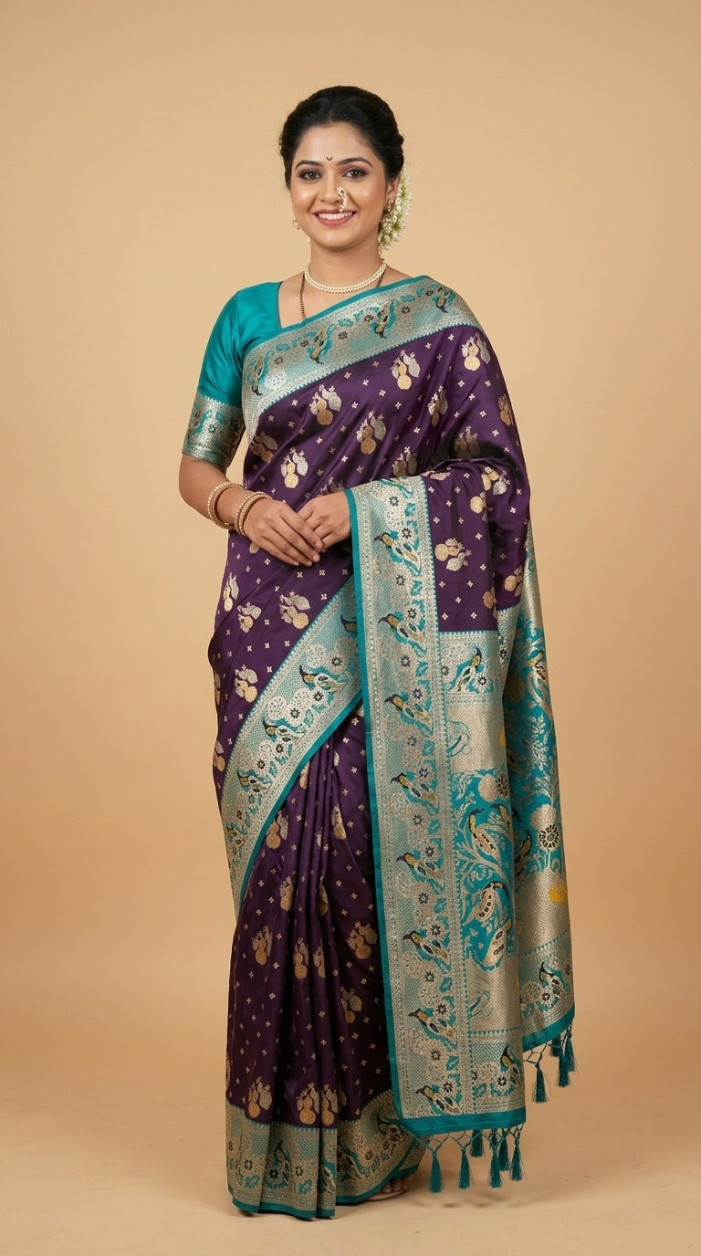 Premium Soft Paithani Silk Saree for Women with Meenakari Zari Weaving, Peacock Pallu, Rich Floral Border & Brocade Blouse