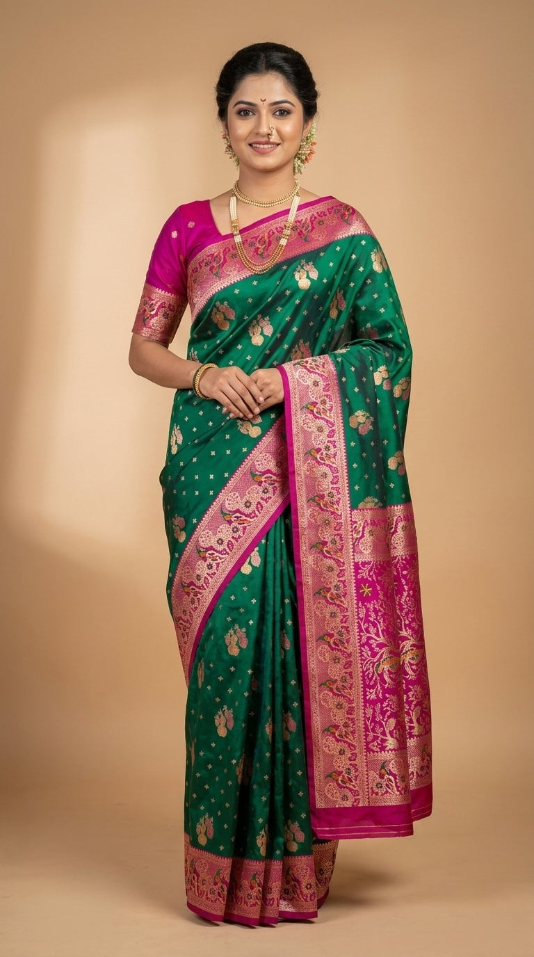 Premium Soft Paithani Silk Saree for Women with Meenakari Zari Weaving, Peacock Pallu, Rich Floral Border & Brocade Blouse