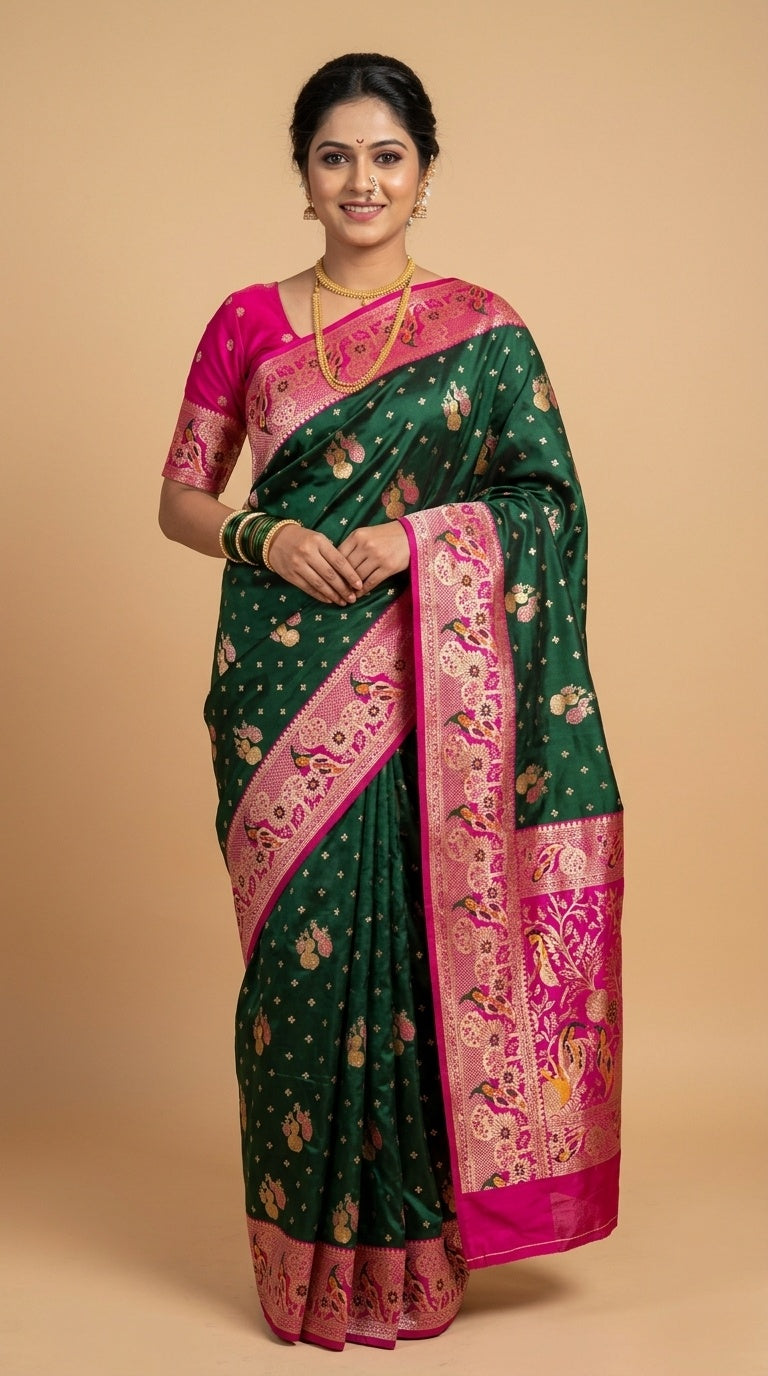 Premium Soft Paithani Silk Saree for Women with Meenakari Zari Weaving, Peacock Pallu, Rich Floral Border & Brocade Blouse