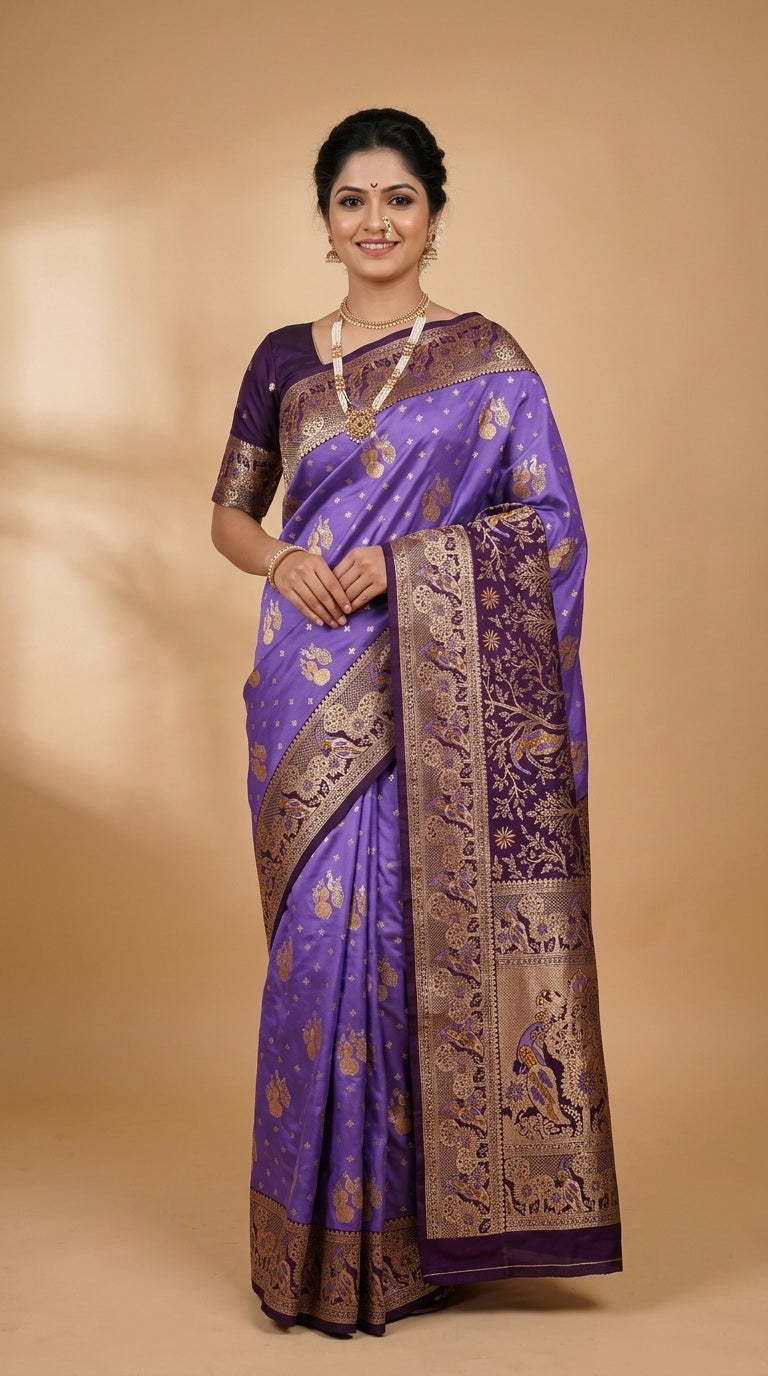 Premium Soft Paithani Silk Saree for Women with Meenakari Zari Weaving, Peacock Pallu, Rich Floral Border & Brocade Blouse