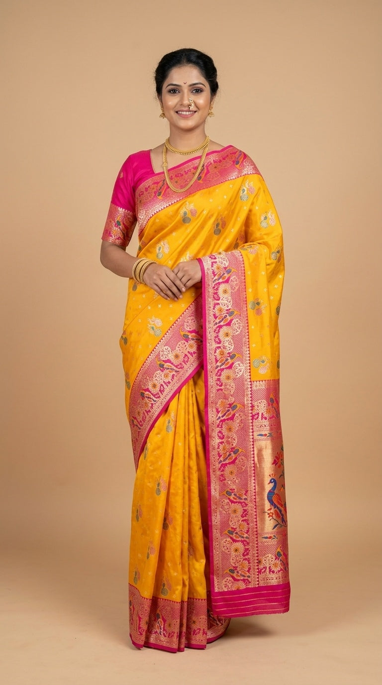 Premium Soft Paithani Silk Saree for Women with Meenakari Zari Weaving, Peacock Pallu, Rich Floral Border & Brocade Blouse