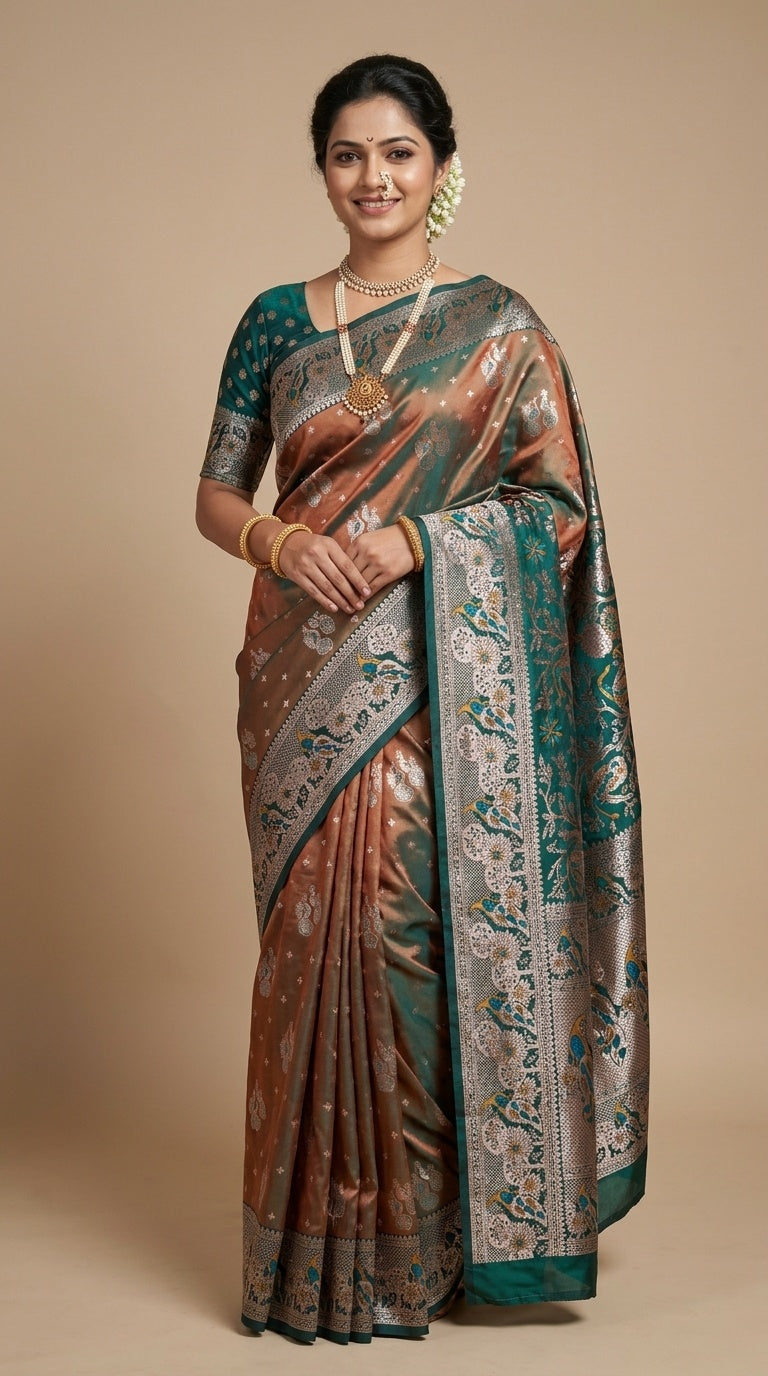 Premium Soft Paithani Silk Saree for Women with Meenakari Zari Weaving, Peacock Pallu, Rich Floral Border & Brocade Blouse