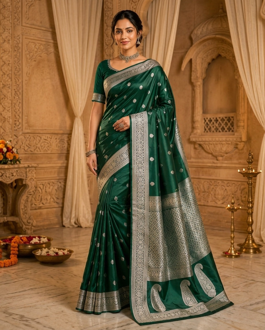 OWLSKY, SASSY & STYLO Women's Handloom Pure Banarasi Silk Saree with Jacquard Woven Floral/Paisley Butti with Rich Contrast Zari Border & Grand Rich Designer Woven Pallu