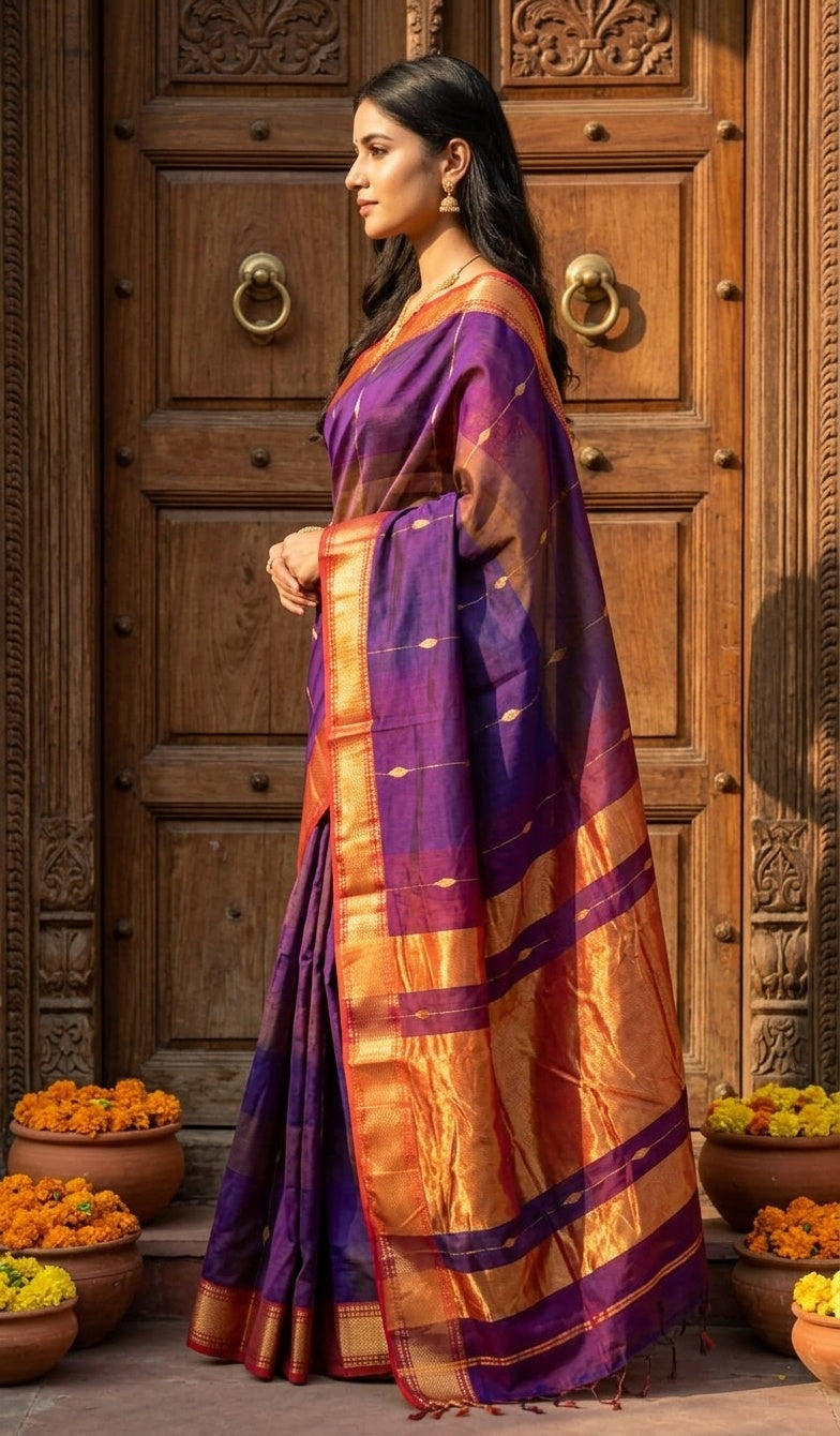 OWLSKY, SASSY & STYLO Women's Handloom Maheshwari Silk Saree with Traditional Zari Border | Premium Woven Silk Saree with Rich Pallu & Running Blouse | Designer Ethnic Saree for Wedding, Festival