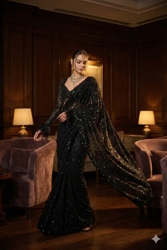 Embellished Sequinned Pure Georgette Heavy Work Saree