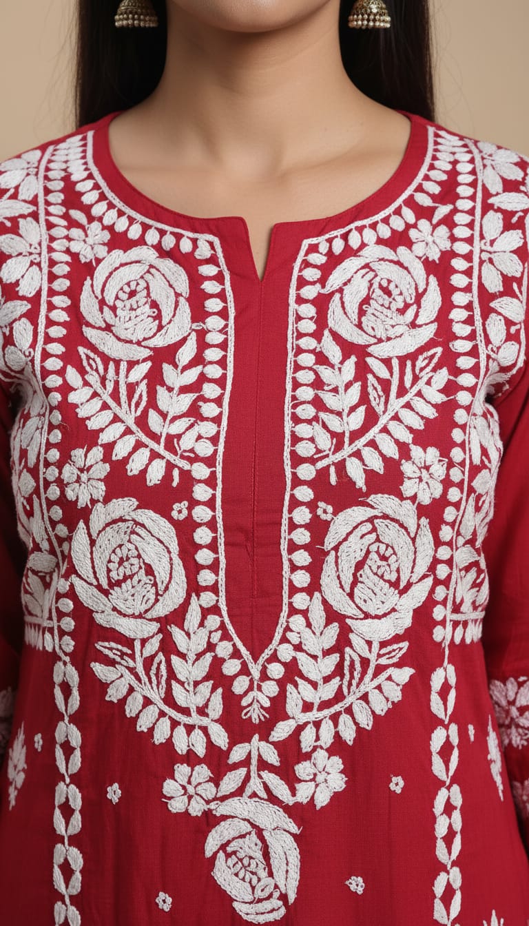 Owlsky Women Red & White Lakhnavi Chikankari Modal Kurta with Palazzos