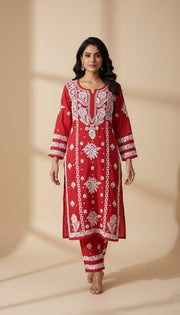 Owlsky Women Red & White Lakhnavi Chikankari Modal Kurta with Palazzos