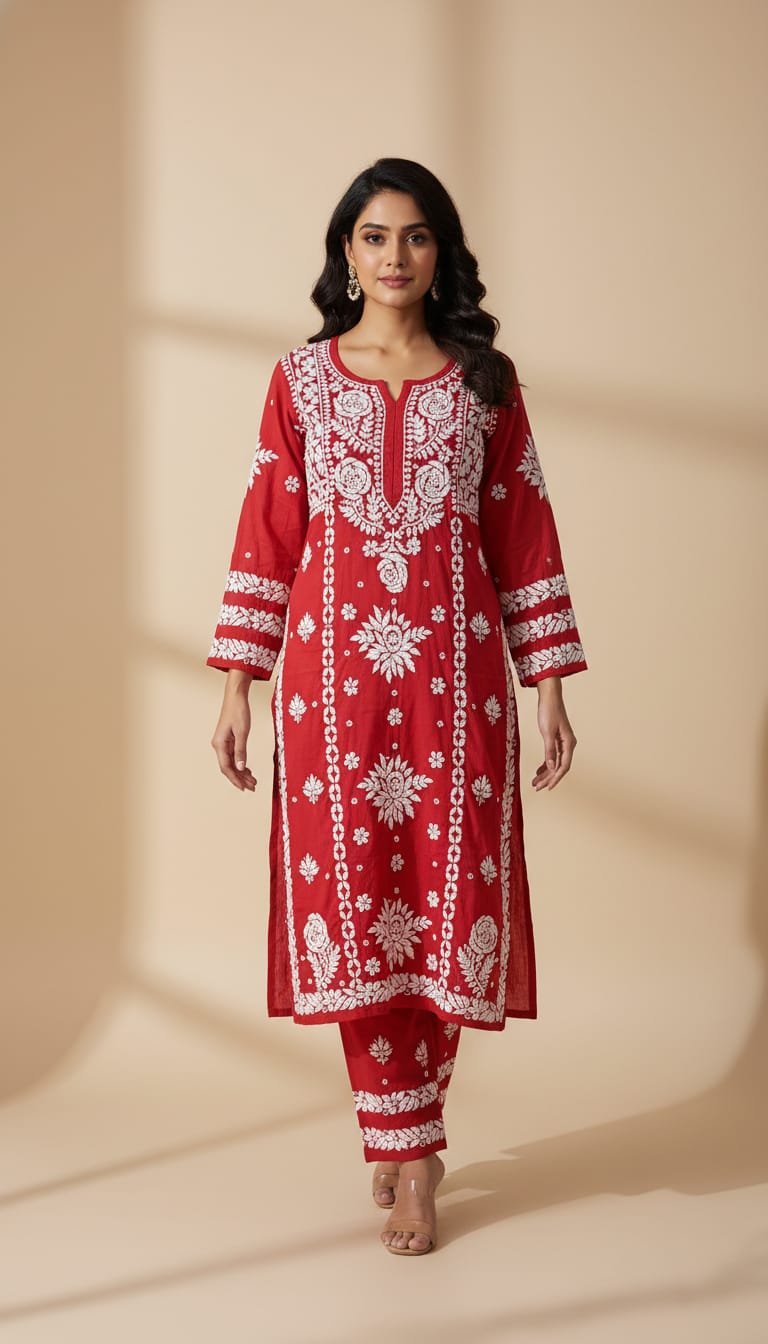Owlsky Women Red & White Lakhnavi Chikankari Modal Kurta with Palazzos