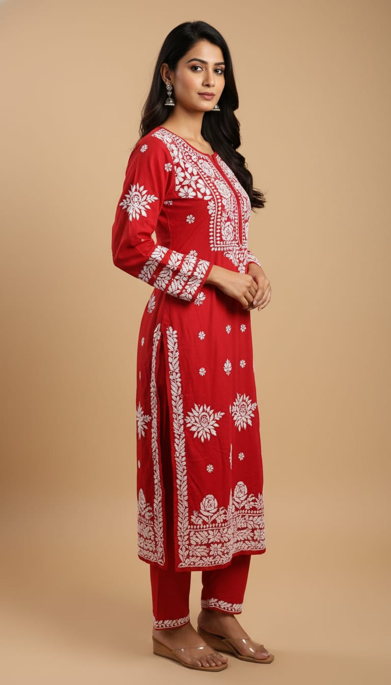 Owlsky Women Red & White Lakhnavi Chikankari Modal Kurta with Palazzos