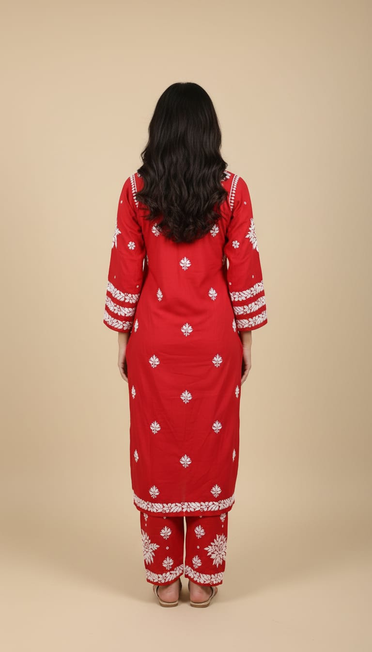 Owlsky Women Red & White Lakhnavi Chikankari Modal Kurta with Palazzos