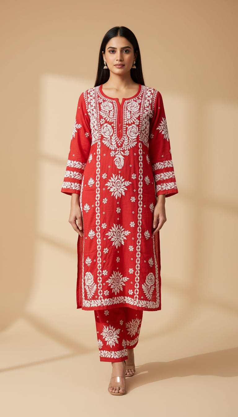 Owlsky Women Red & White Lakhnavi Chikankari Modal Kurta with Palazzos