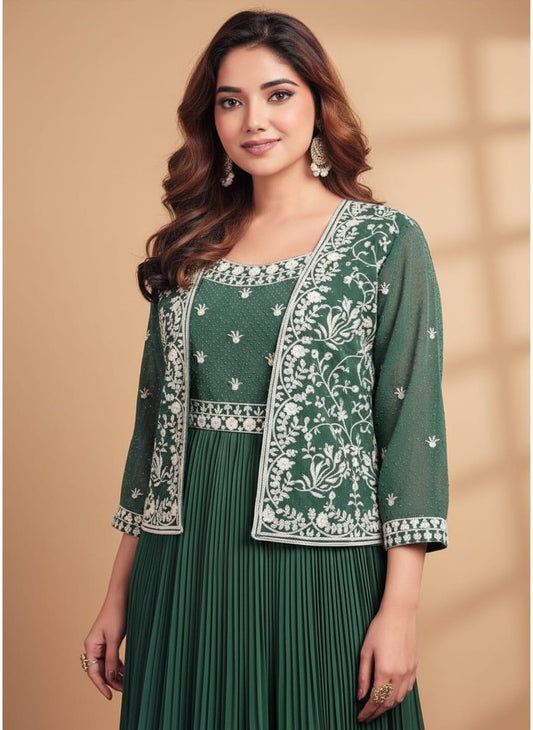 Women’s Dark Green Embroidered Anarkali Gown with Jacket | Designer Ethnic Floor-Length Dress for Wedding & Festive Wear