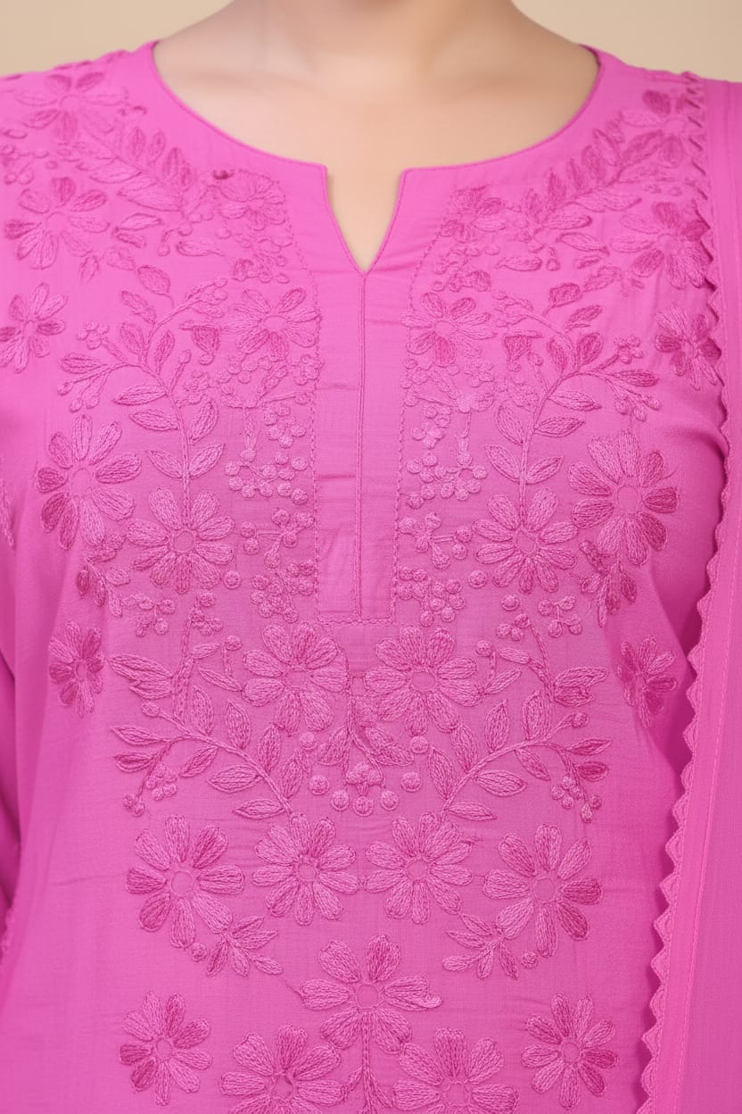 Premium Chanderi Silk Chikankari Kurta With Pant & Dupatta | Embroidered Chikankari Suit Set-Pink