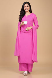 Premium Chanderi Silk Chikankari Kurta With Pant & Dupatta | Embroidered Chikankari Suit Set-Pink