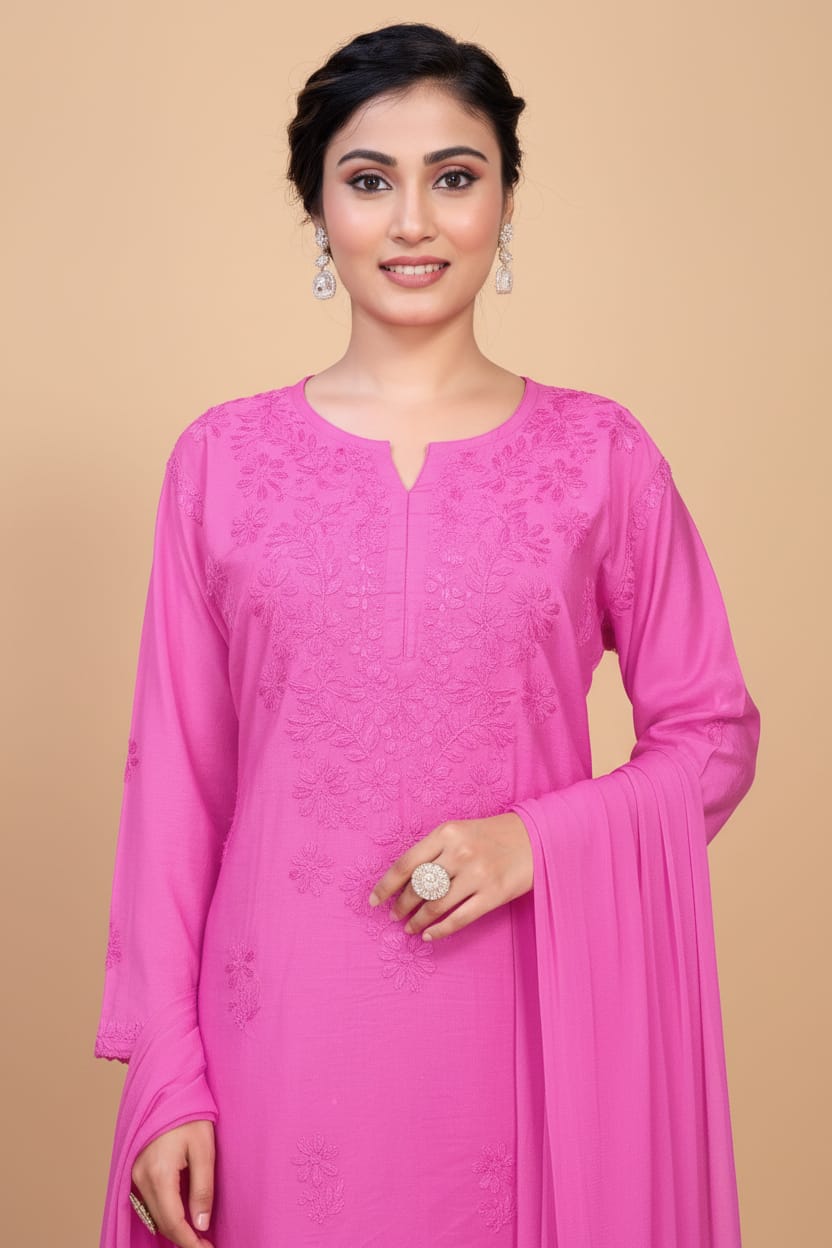 Premium Chanderi Silk Chikankari Kurta With Pant & Dupatta | Embroidered Chikankari Suit Set-Pink