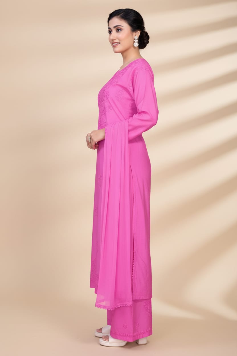 Premium Chanderi Silk Chikankari Kurta With Pant & Dupatta | Embroidered Chikankari Suit Set-Pink