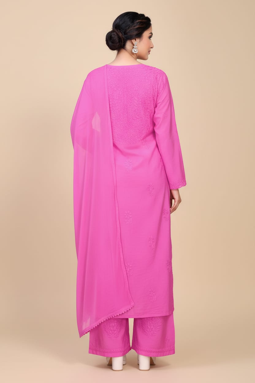 Premium Chanderi Silk Chikankari Kurta With Pant & Dupatta | Embroidered Chikankari Suit Set-Pink