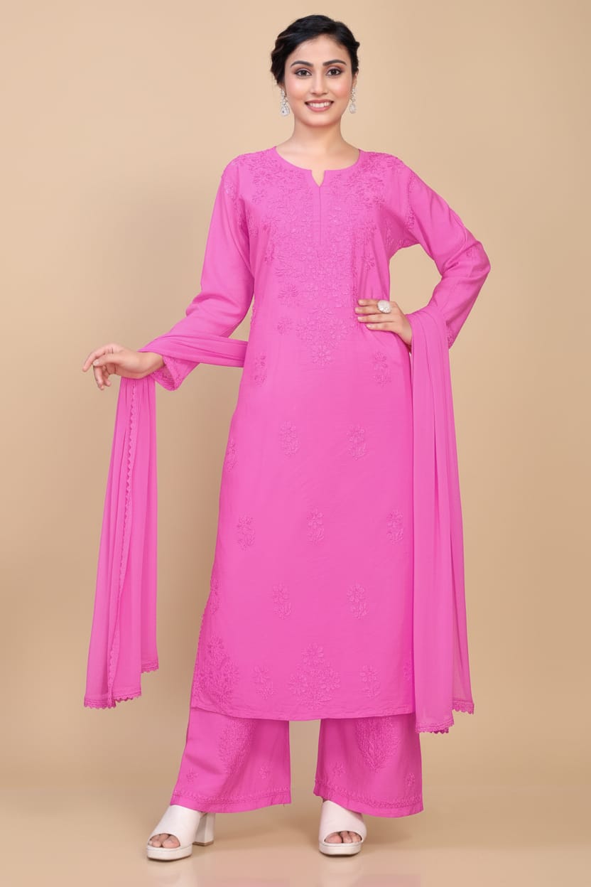 Premium Chanderi Silk Chikankari Kurta With Pant & Dupatta | Embroidered Chikankari Suit Set-Pink