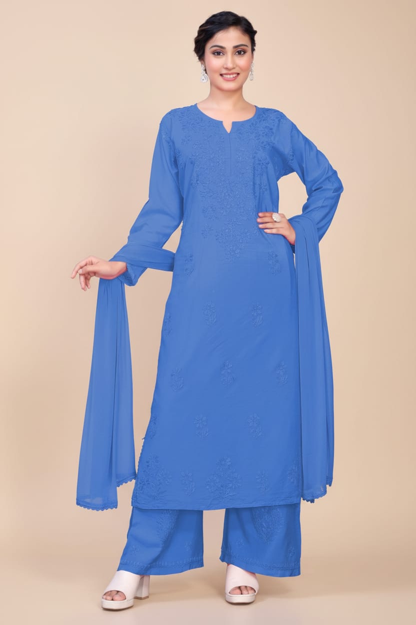 Premium Chanderi Silk Chikankari Kurta With Pant & Dupatta | Embroidered Chikankari Suit Set-Sky Blue