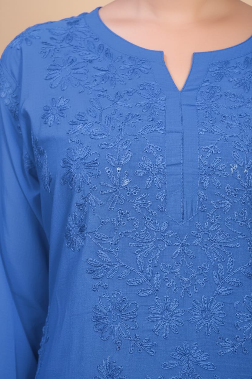 Premium Chanderi Silk Chikankari Kurta With Pant & Dupatta | Embroidered Chikankari Suit Set-Sky Blue
