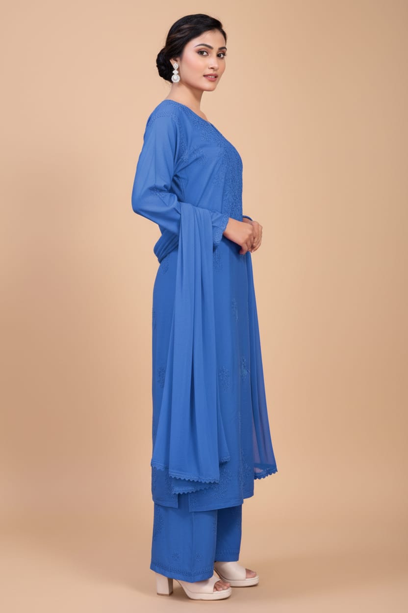 Premium Chanderi Silk Chikankari Kurta With Pant & Dupatta | Embroidered Chikankari Suit Set-Sky Blue