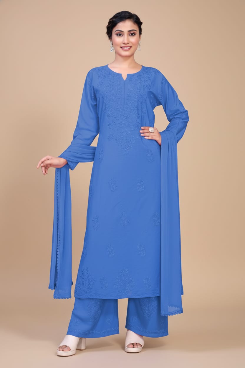 Premium Chanderi Silk Chikankari Kurta With Pant & Dupatta | Embroidered Chikankari Suit Set-Sky Blue