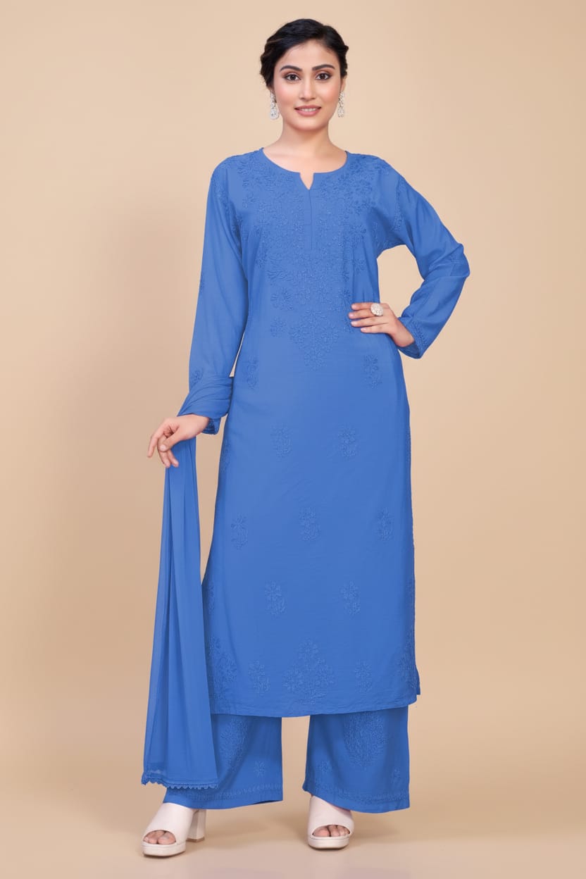 Premium Chanderi Silk Chikankari Kurta With Pant & Dupatta | Embroidered Chikankari Suit Set-Sky Blue