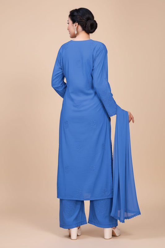 Premium Chanderi Silk Chikankari Kurta With Pant & Dupatta | Embroidered Chikankari Suit Set-Sky Blue