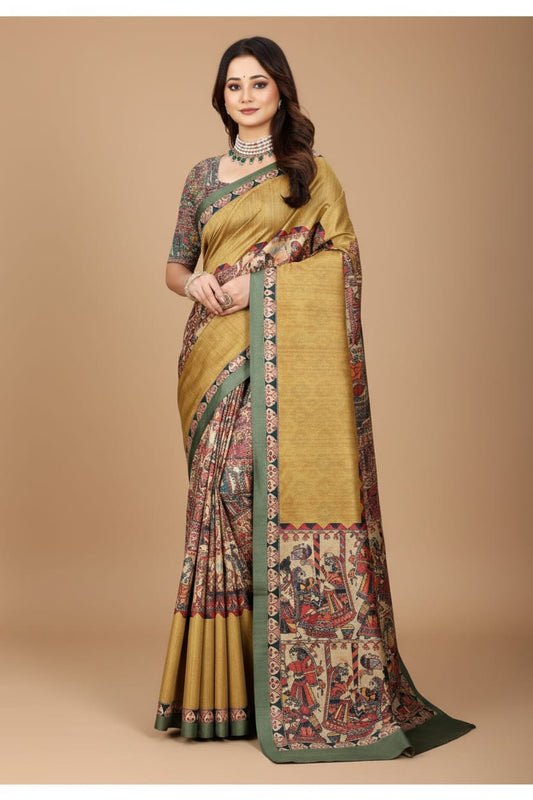 Madhubani Print Manipuri Silk Saree for Women | Indian Ethnic Party & Casual Wear | Unstitched Blouse Included-Musturd Yellow