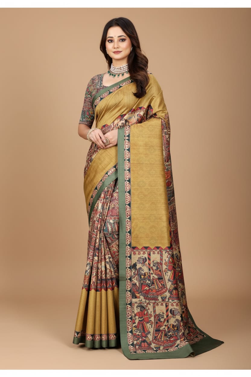 Madhubani Print Manipuri Silk Saree for Women | Indian Ethnic Party & Casual Wear | Unstitched Blouse Included-Musturd Yellow