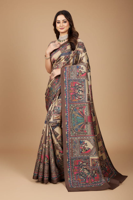 Madhubani Print Manipuri Silk Saree for Women | Indian Ethnic Party & Casual Wear | Unstitched Blouse Included-Coffe Brown