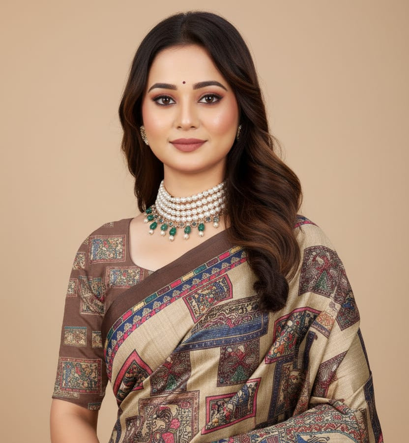 Madhubani Print Manipuri Silk Saree for Women | Indian Ethnic Party & Casual Wear | Unstitched Blouse Included-Coffe Brown