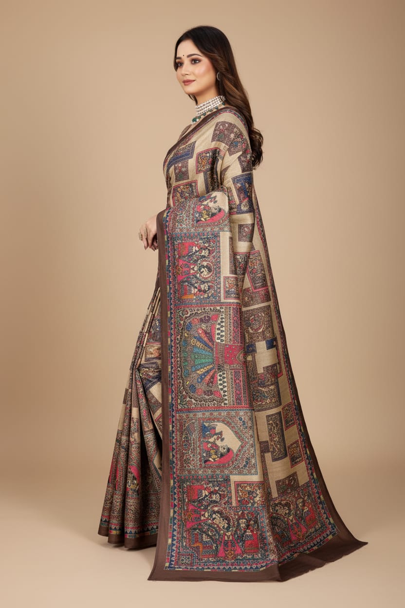 Madhubani Print Manipuri Silk Saree for Women | Indian Ethnic Party & Casual Wear | Unstitched Blouse Included-Coffe Brown