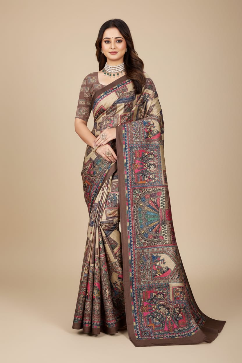 Madhubani Print Manipuri Silk Saree for Women | Indian Ethnic Party & Casual Wear | Unstitched Blouse Included-Coffe Brown