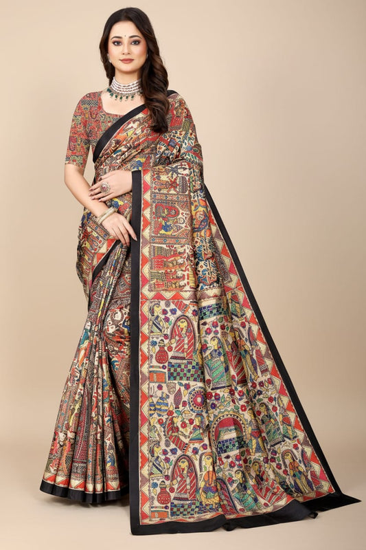 Madhubani Print Manipuri Silk Saree for Women | Indian Ethnic Party & Casual Wear | Unstitched Blouse Included - Black Border