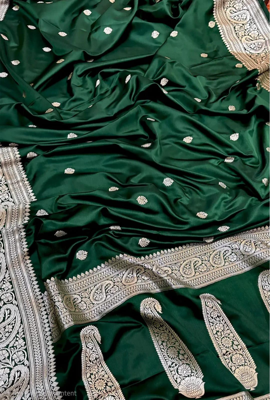 OWLSKY, SASSY & STYLO Women's Handloom Pure Banarasi Silk Saree with Jacquard Woven Floral/Paisley Butti with Rich Contrast Zari Border & Grand Rich Designer Woven Pallu