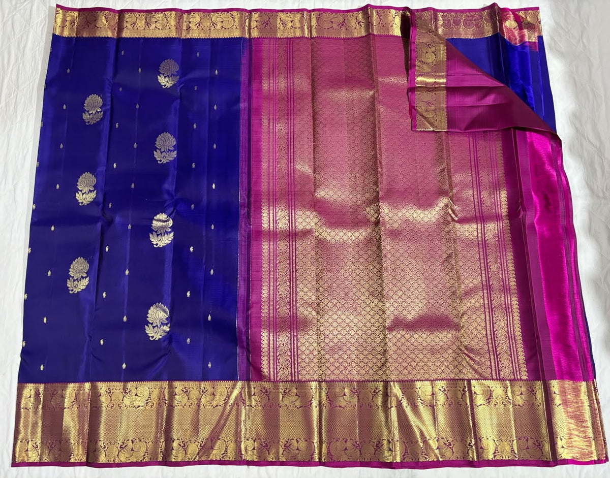 OWLSKY, SASSY & STYLO Royal Blue Pure Silk Kanjivaram Handloom Saree with Gold Zari Buttas & Magenta Contrast Pallu | Traditional Kanchipuram Silk Saree for Women