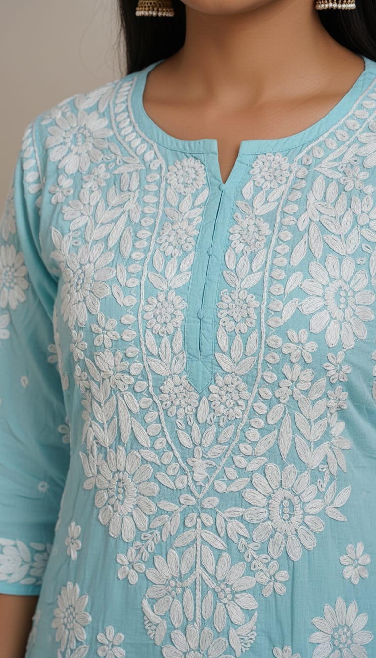 Owlsky Women Beige Lakhnavi Chikankari Modal Kurta with Palazzos-Sky Blue