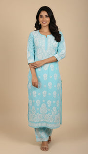 Owlsky Women Beige Lakhnavi Chikankari Modal Kurta with Palazzos-Sky Blue