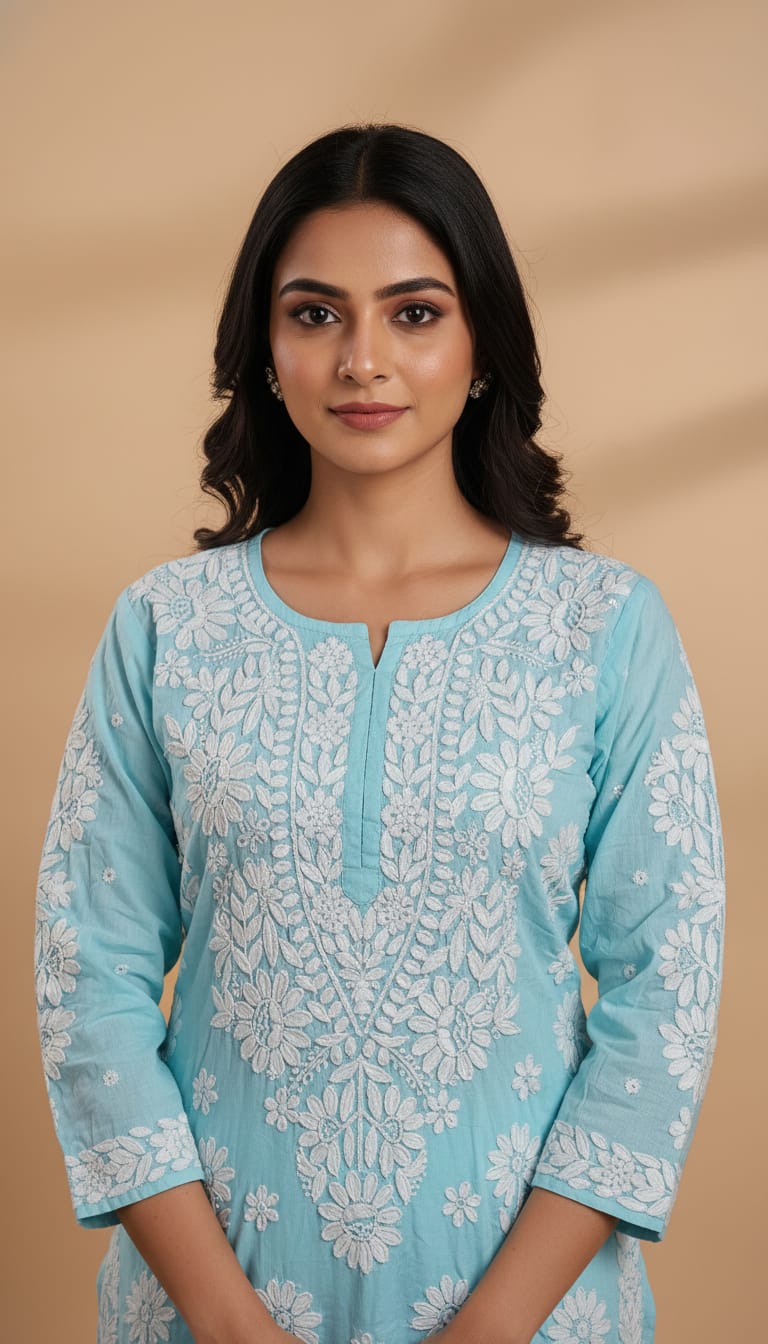 Owlsky Women Beige Lakhnavi Chikankari Modal Kurta with Palazzos-Sky Blue