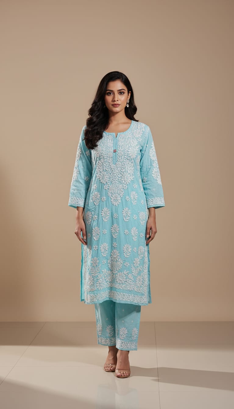 Owlsky Women Beige Lakhnavi Chikankari Modal Kurta with Palazzos-Sky Blue
