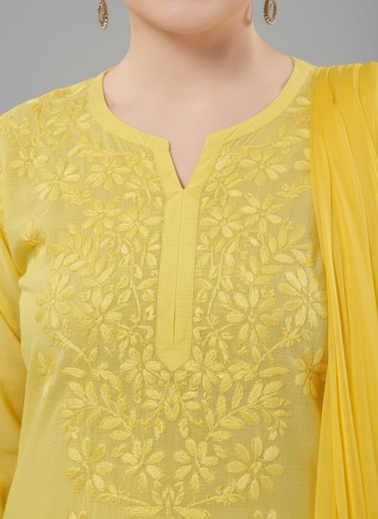 Premium Chanderi Silk Chikankari Kurta With Pant & Dupatta | Embroidered Chikankari Suit Set-Yellow