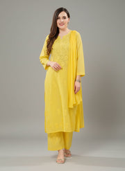 Premium Chanderi Silk Chikankari Kurta With Pant & Dupatta | Embroidered Chikankari Suit Set-Yellow