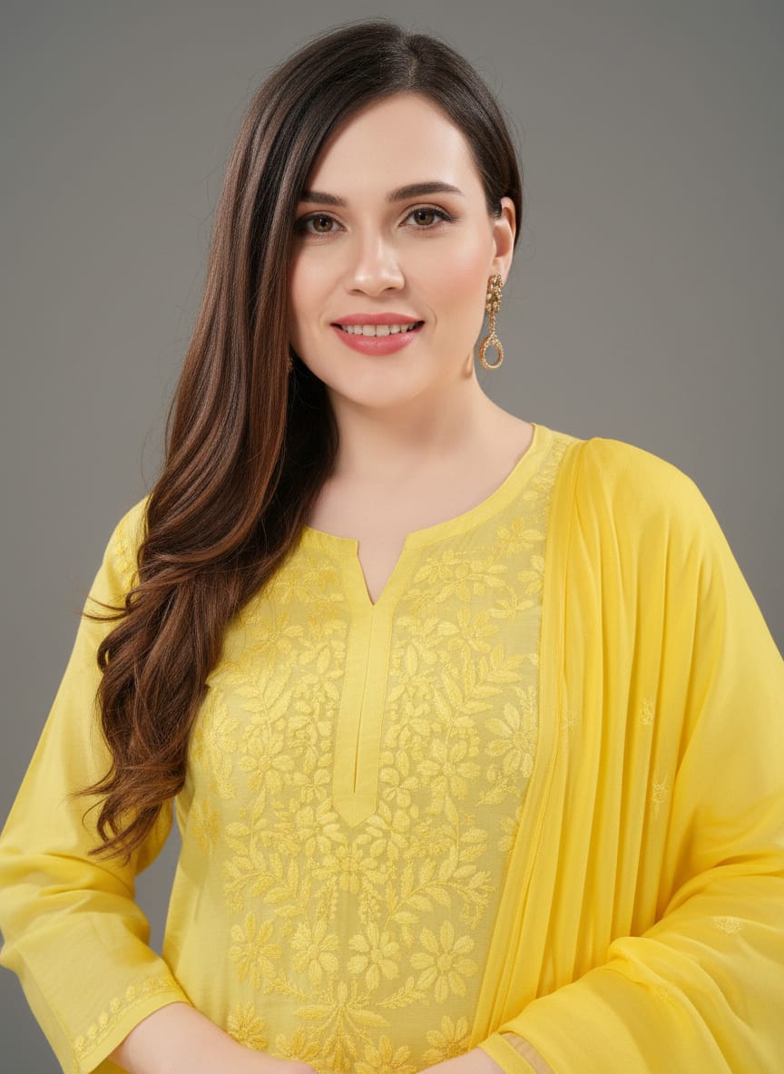 Premium Chanderi Silk Chikankari Kurta With Pant & Dupatta | Embroidered Chikankari Suit Set-Yellow