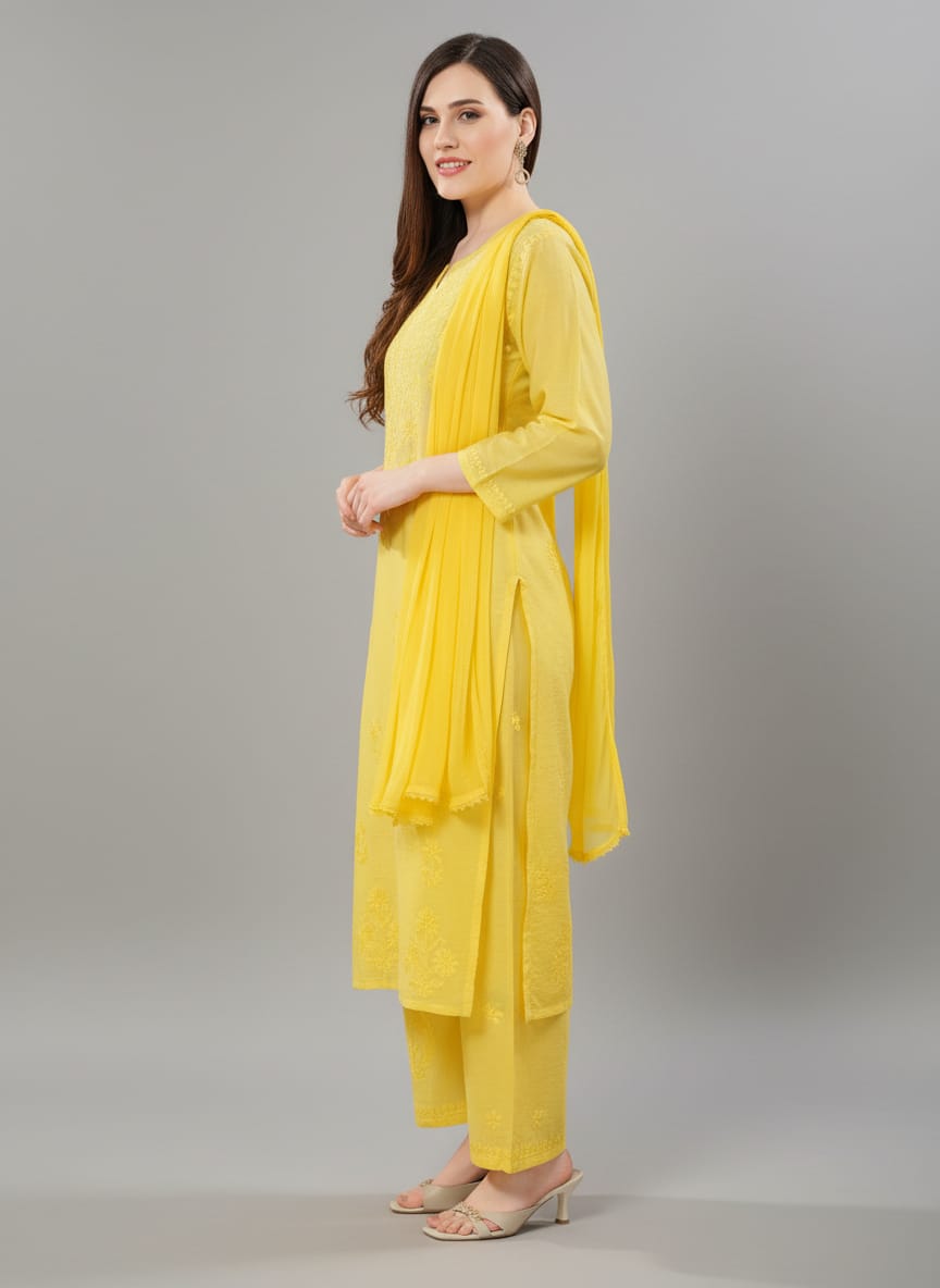 Premium Chanderi Silk Chikankari Kurta With Pant & Dupatta | Embroidered Chikankari Suit Set-Yellow