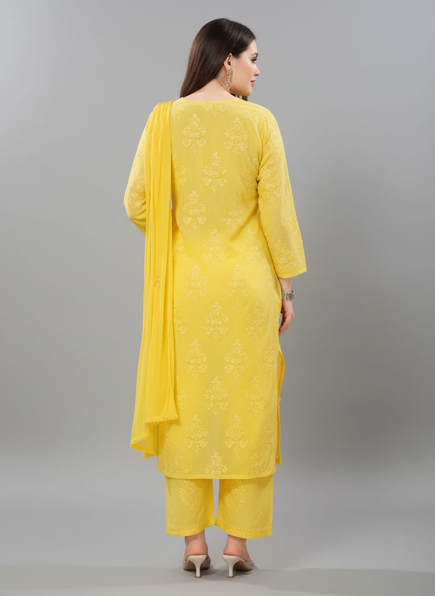 Premium Chanderi Silk Chikankari Kurta With Pant & Dupatta | Embroidered Chikankari Suit Set-Yellow