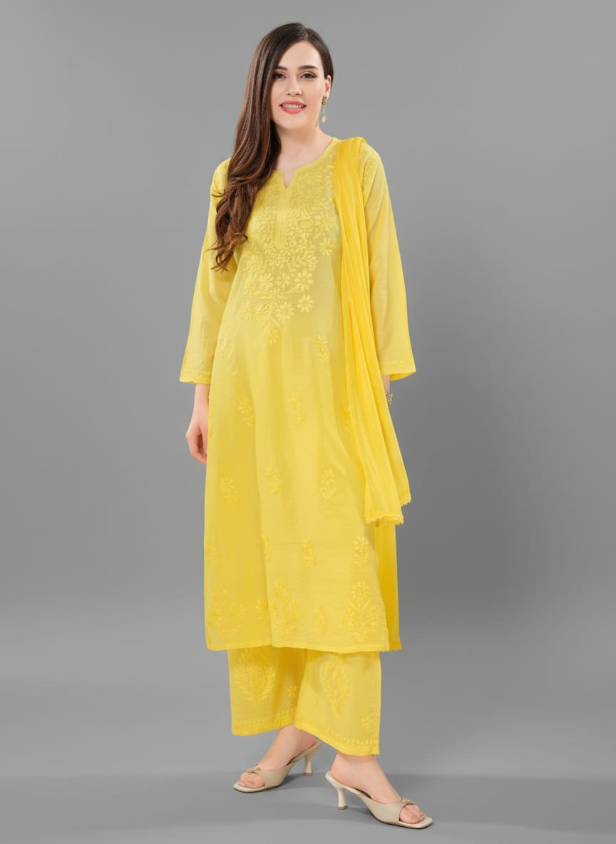 Premium Chanderi Silk Chikankari Kurta With Pant & Dupatta | Embroidered Chikankari Suit Set-Yellow